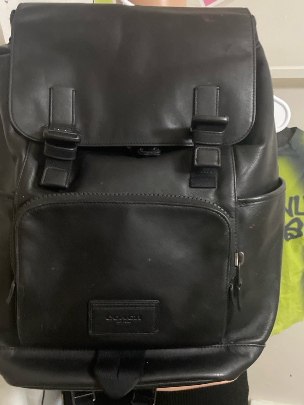 Coach Men's Black Leather Buckle-Front Backpack